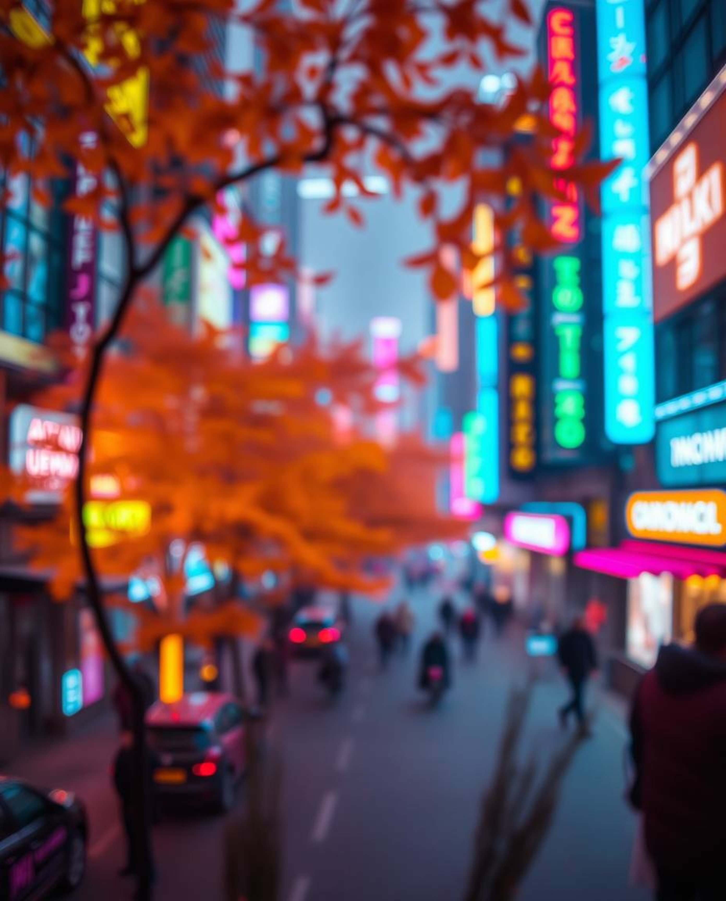 A captivating photograph showcasing a futuristic cyberpunk cityscape bathed in warm autumnal colors.  The image features vibr