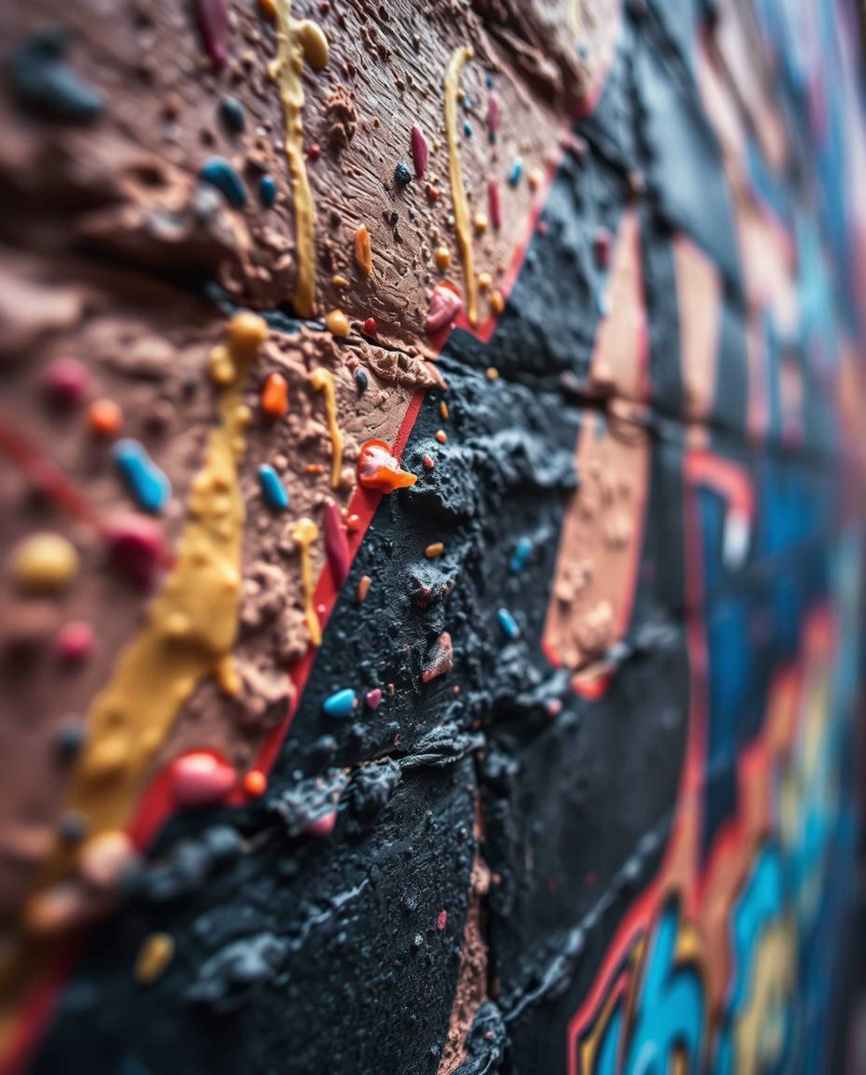 This image showcases an extreme macro close-up photograph capturing the intricate details of graffiti-style colorful splashes