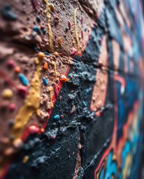 This image showcases an extreme macro close-up photograph capturing the intricate details of graffiti-style colorful splashes