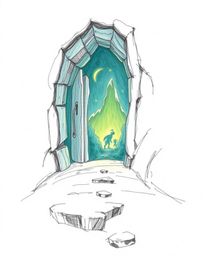 Discover a hand-drawn sketch of an ancient doorway embedded in a mountain, illuminated by glowing runes. The artwork features