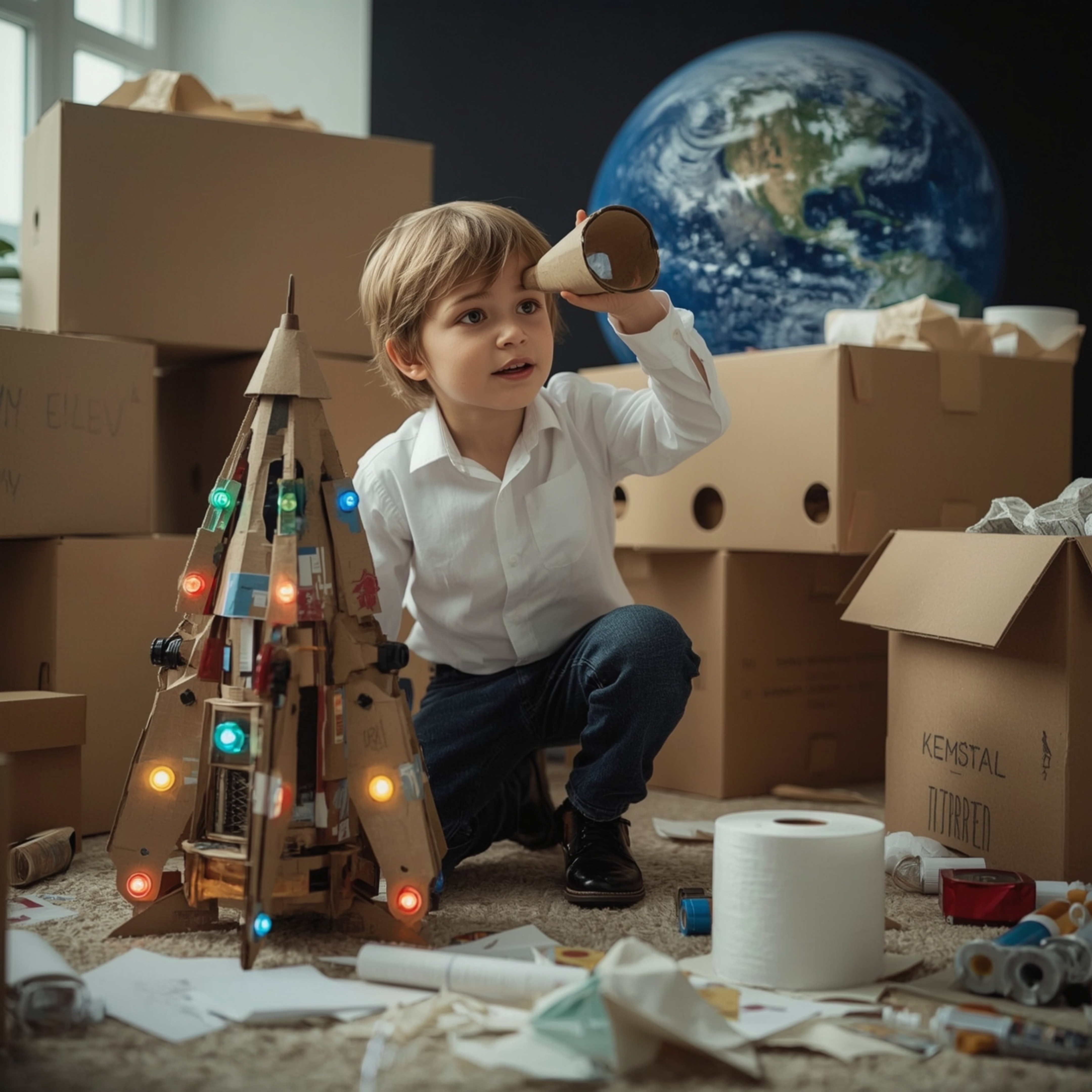 A captivating high-fashion photography piece showcasing a young boy, dressed in stylish attire, building an intricately desig