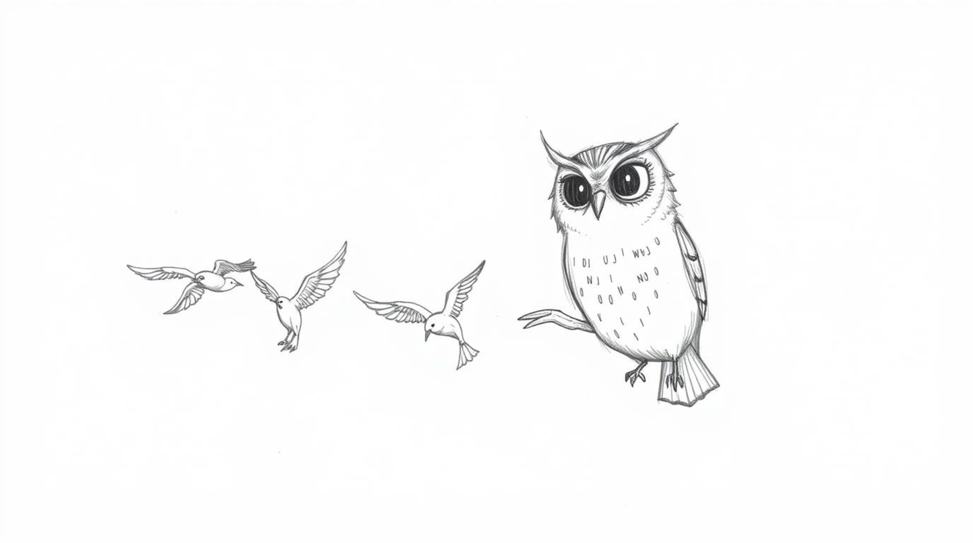 A whimsical, hand-drawn sketch in Pixar style depicts a blind owl with gentle features leading a flock of birds in perfectly 
