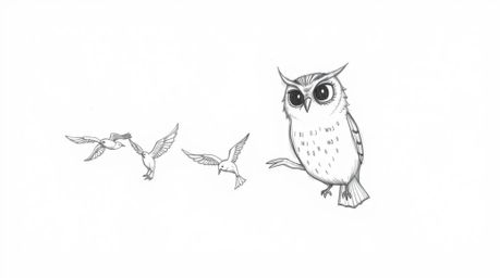 A whimsical, hand-drawn sketch in Pixar style depicts a blind owl with gentle features leading a flock of birds in perfectly 
