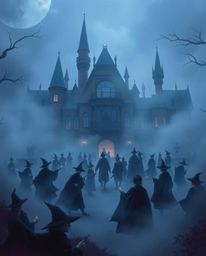 Discover a captivating illustration of a magical school enveloped in mist, where young wizards attend classes. The sophistica