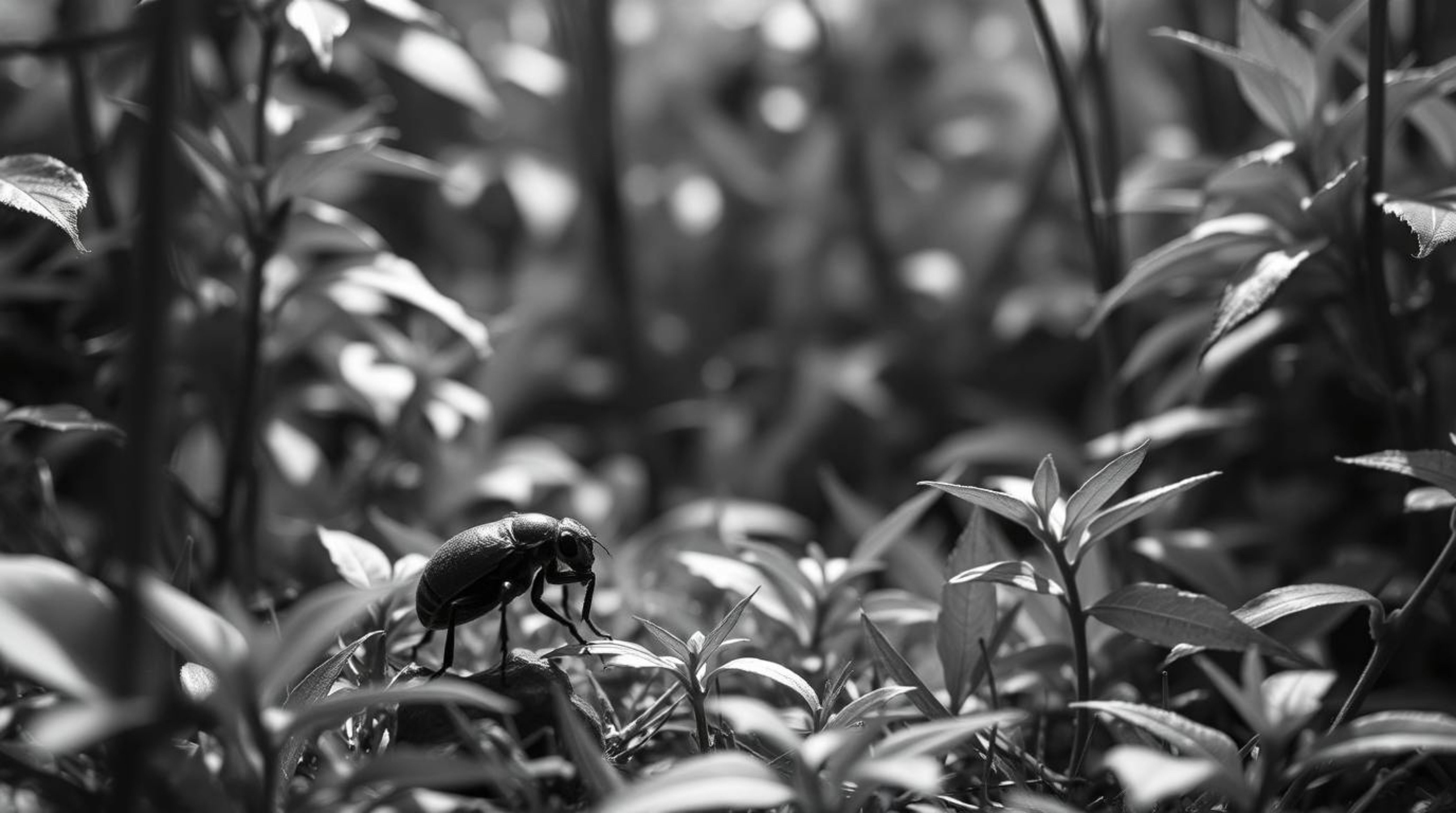 Explore a captivating world of black and white fine art photography featuring a bug-sized hero venturing through a backyard j