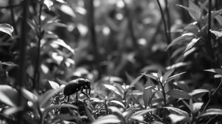 Explore a captivating world of black and white fine art photography featuring a bug-sized hero venturing through a backyard j