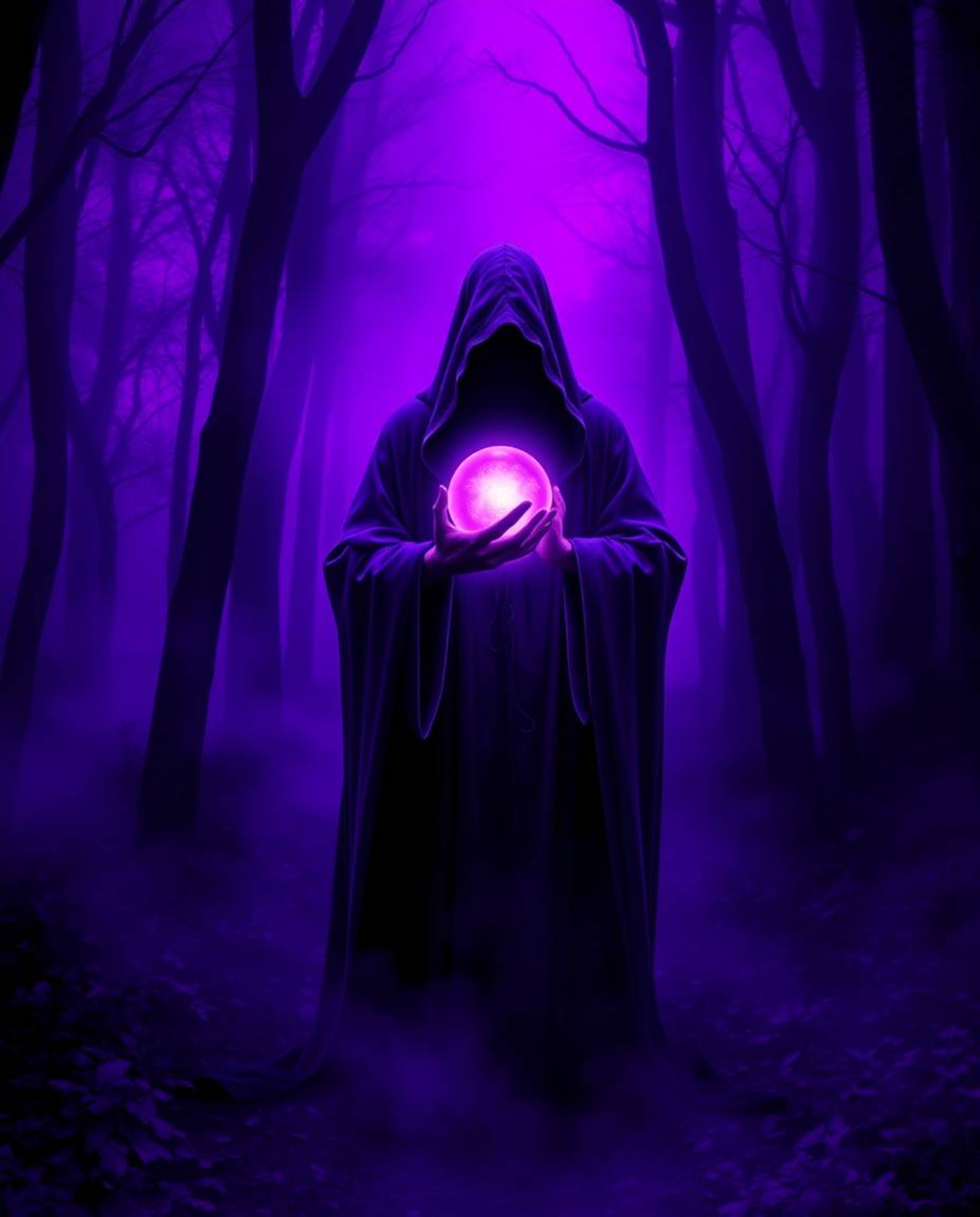 A captivating digital art piece depicting a cloaked figure within a misty forest, holding a glowing orb.  The scene is bathed