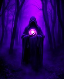 A captivating digital art piece depicting a cloaked figure within a misty forest, holding a glowing orb.  The scene is bathed