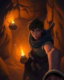 A captivating digital painting depicts a brave Disney-style hero embarking on a thrilling desert adventure.  Warm candlelight