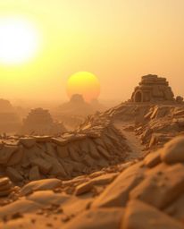 Experience the poignant beauty of a warm golden sunrise illuminating a war-torn landscape, rendered in sculptural clay art. T