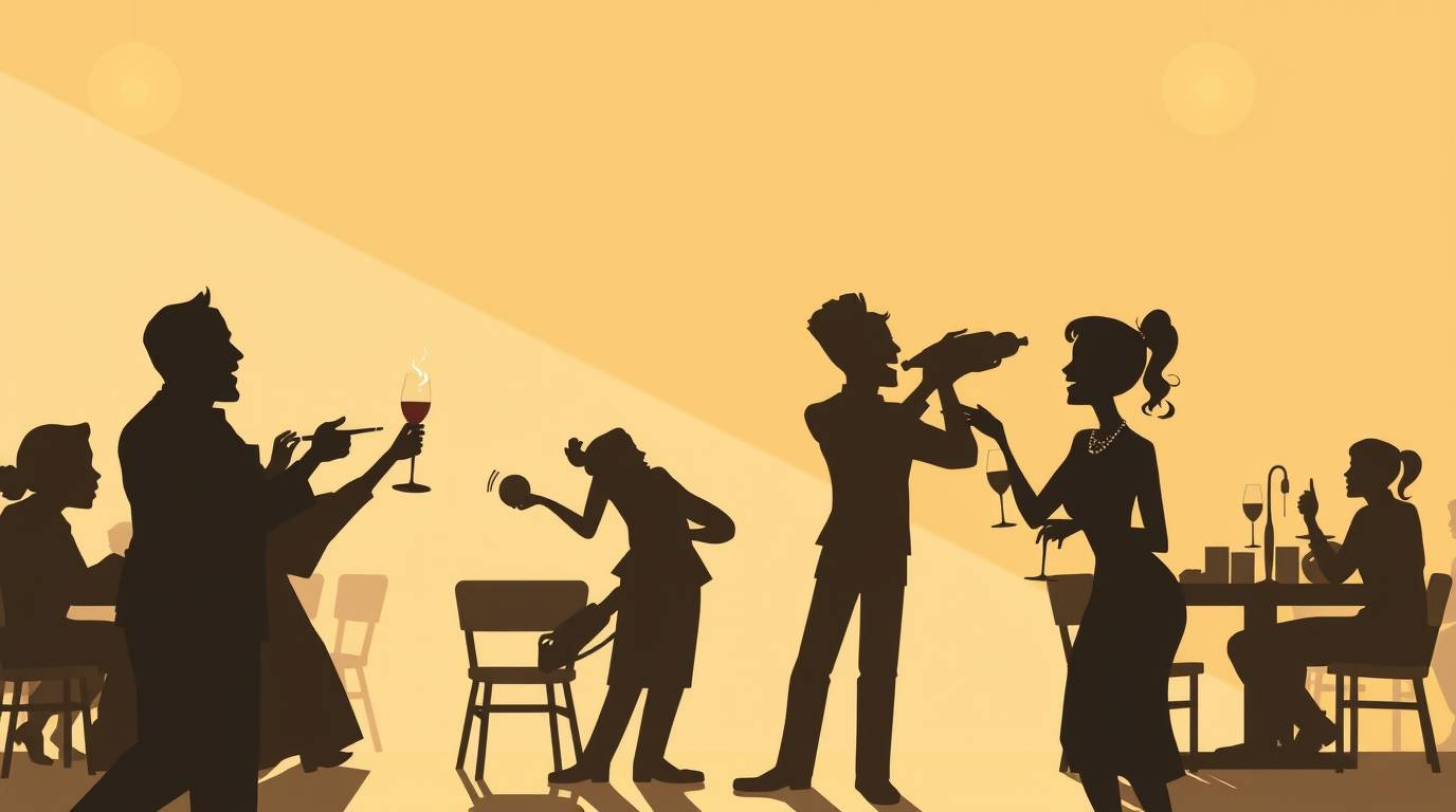 Experience the chaos and artistry of a cartoon cafeteria food fight, where silhouetted figures engage in an elegant and grace