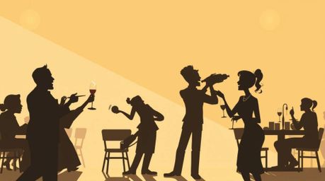 Experience the chaos and artistry of a cartoon cafeteria food fight, where silhouetted figures engage in an elegant and grace