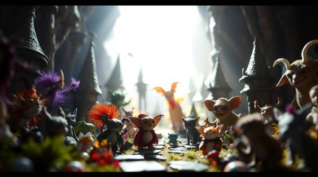 Explore a vibrant fantasy kingdom teeming with quirky magical creatures in this tight close-up shot.  Dramatic, hard light ca