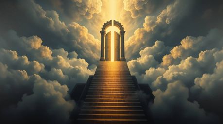 A captivating high-angle painting showcases a moody, heavenly gate suspended above ethereal clouds.  Stairs ascend towards th