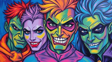 A bold and vibrant acrylic painting depicts a team of misfit heroes.  The artwork features textured brushstrokes, iridescent 