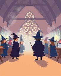 Discover enchanting illustrations of a magical school filled with young wizards.  These designs feature a modern flat style w