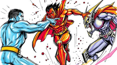 A vibrant hand-drawn sketch in a color sketchnote style showcasing a superhero engaged in a dynamic battle against a silly vi