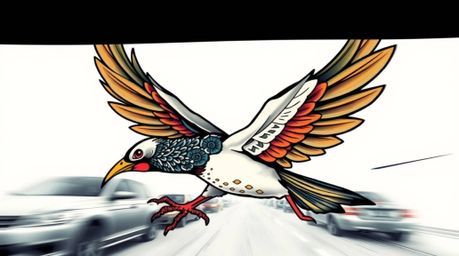This collection features low-angle perspective symbolic traditional tattoo art prints depicting a fast-running bird with vibr