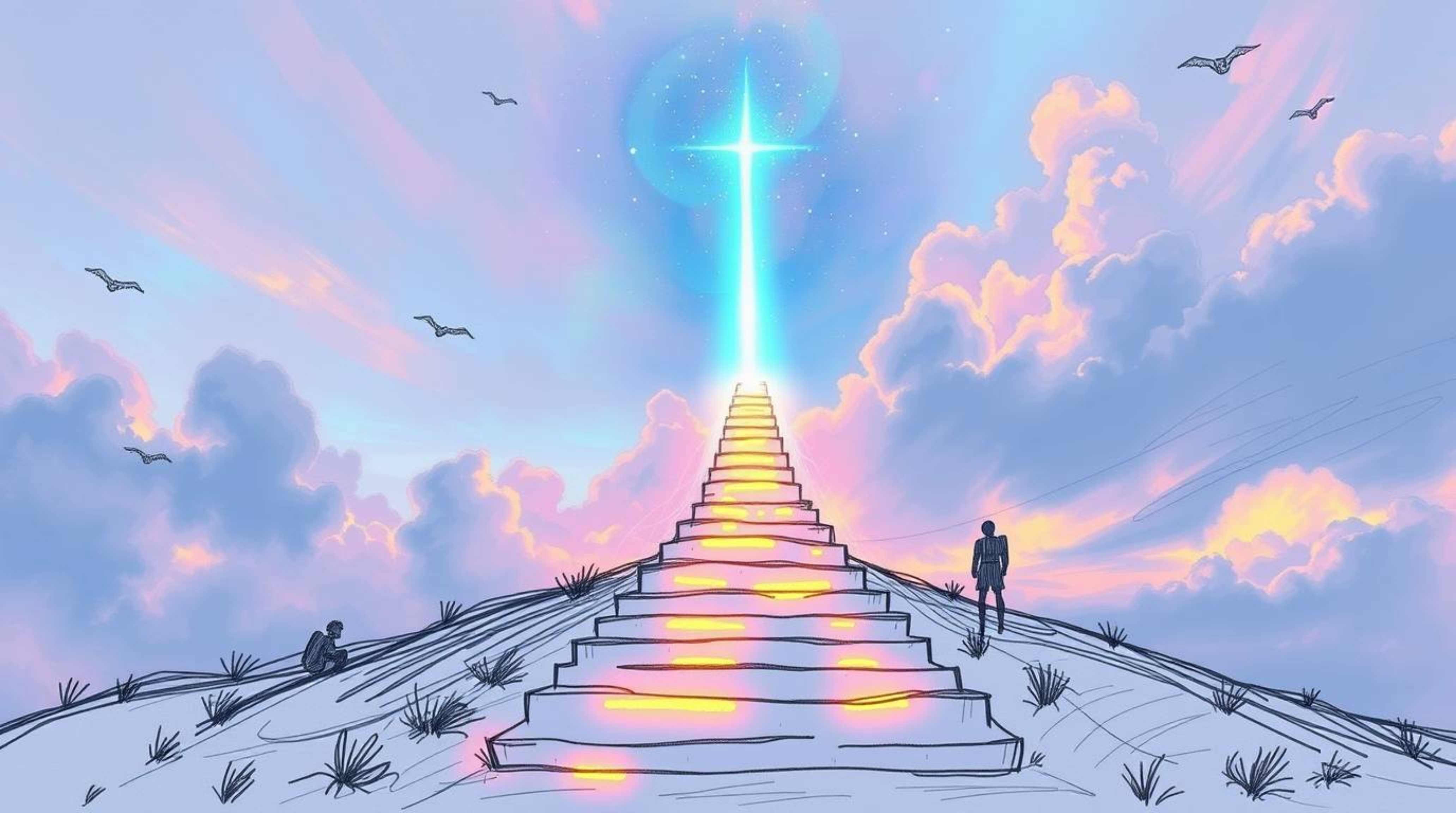 A hand-drawn sketch depicting glowing bioluminescent colors as steps of light ascend into a cloudy sky, with angelic figures 