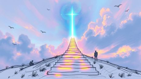 A hand-drawn sketch depicting glowing bioluminescent colors as steps of light ascend into a cloudy sky, with angelic figures 