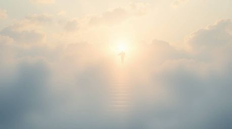 Experience a dreamlike and peaceful scene featuring gentle, soft light and diffused shadows. Steps of light ascend into a clo