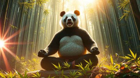 Immerse yourself in a vibrant and heroic scene featuring a majestic panda martial artist, deep in meditation amidst a sprawli