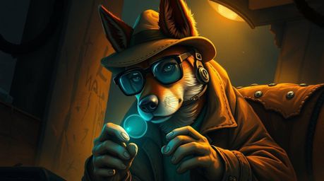 A digital painting showcasing a dog detective equipped with high-tech gadgets, rendered in warm autumnal colors that create a