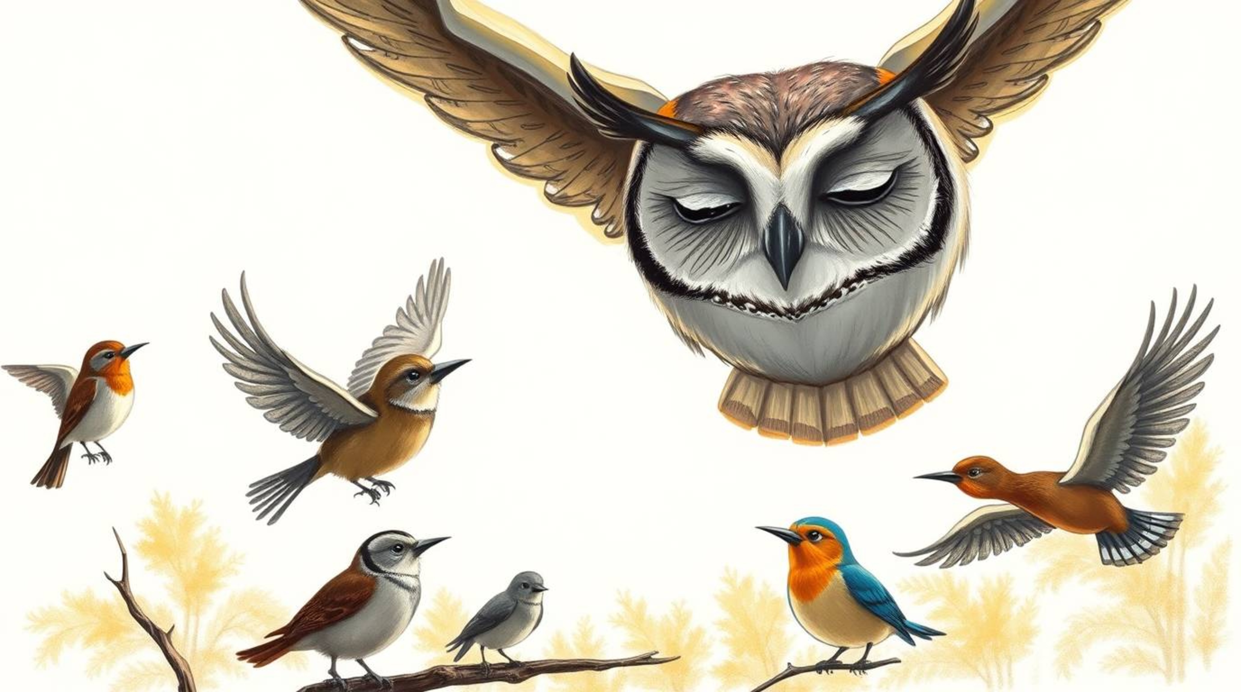 A heartwarming illustration in the style of a Pixar hand-drawn sketch depicts a blind owl gently guiding a diverse group of b