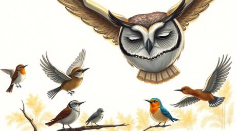 A heartwarming illustration in the style of a Pixar hand-drawn sketch depicts a blind owl gently guiding a diverse group of b