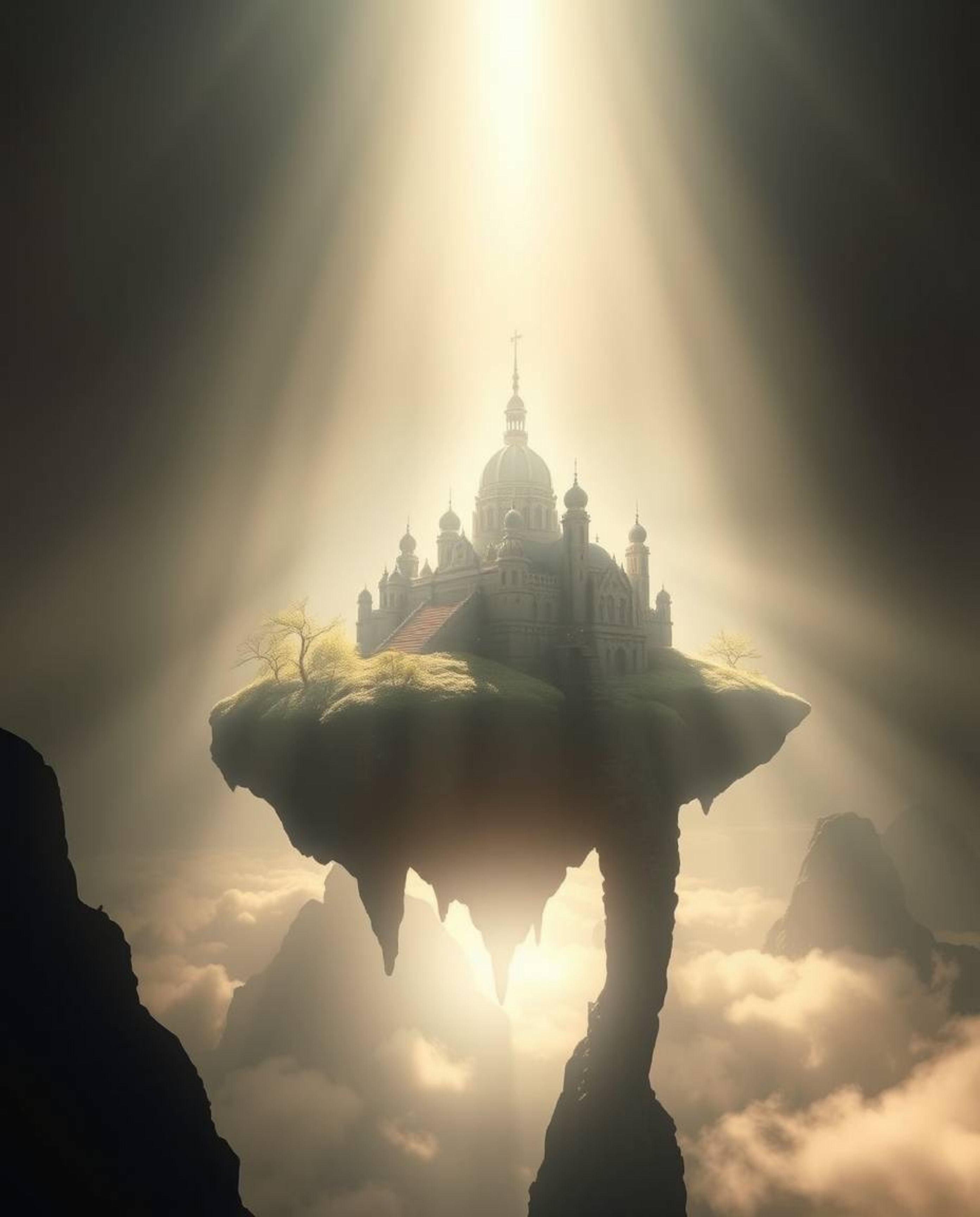 Experience a surreal and ethereal scene featuring a floating island adorned with unique architecture, all bathed in a mystica