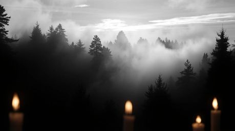 Explore a classic black and white photograph capturing the ethereal beauty of mist rising from a forest during golden hour.  