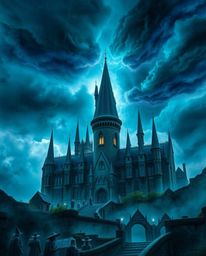 A magical school teeming with young wizards is brought to life against a dramatic backdrop of intense weather. Stormy skies,