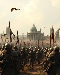 Explore the captivating blend of chaos and elegance in this depiction of a battlefield where time-warped soldiers clash amids