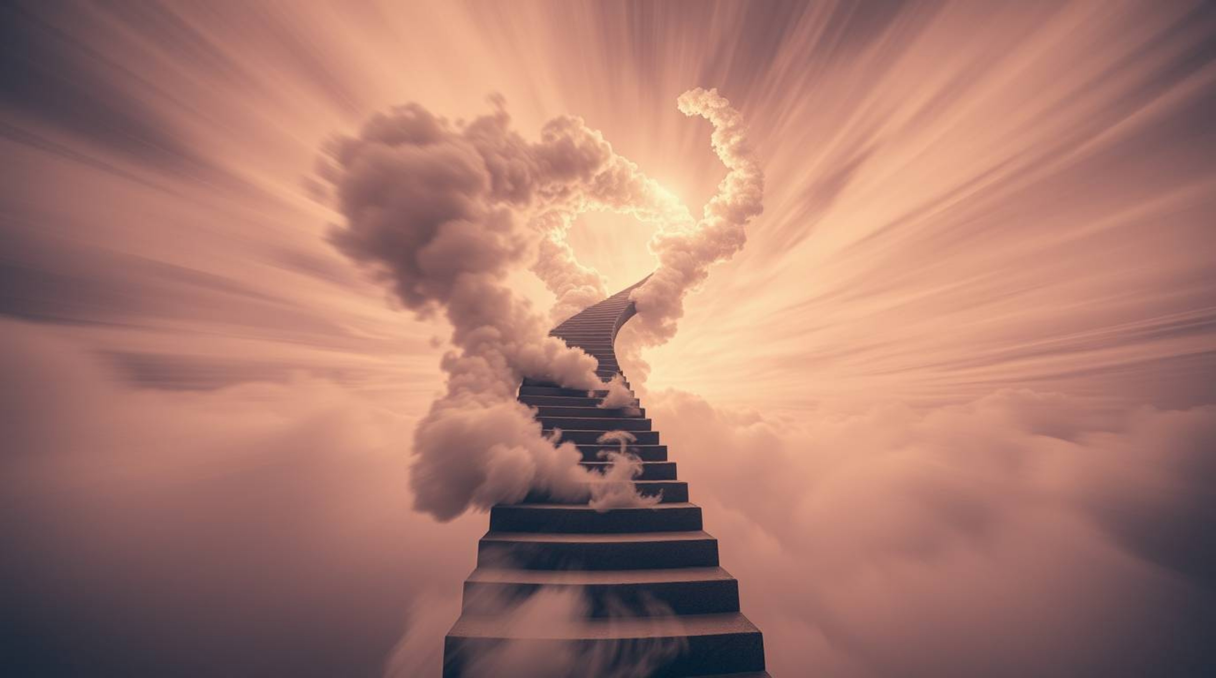 A dynamic and surreal image captured in infrared tones, showcasing a winding stairway crafted from smoke and light that ascen