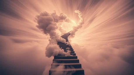 A dynamic and surreal image captured in infrared tones, showcasing a winding stairway crafted from smoke and light that ascen
