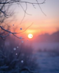 A scene with a soft, dreamy atmosphere captures snowflakes falling during a vibrant sunset. This artwork uses a palette of so