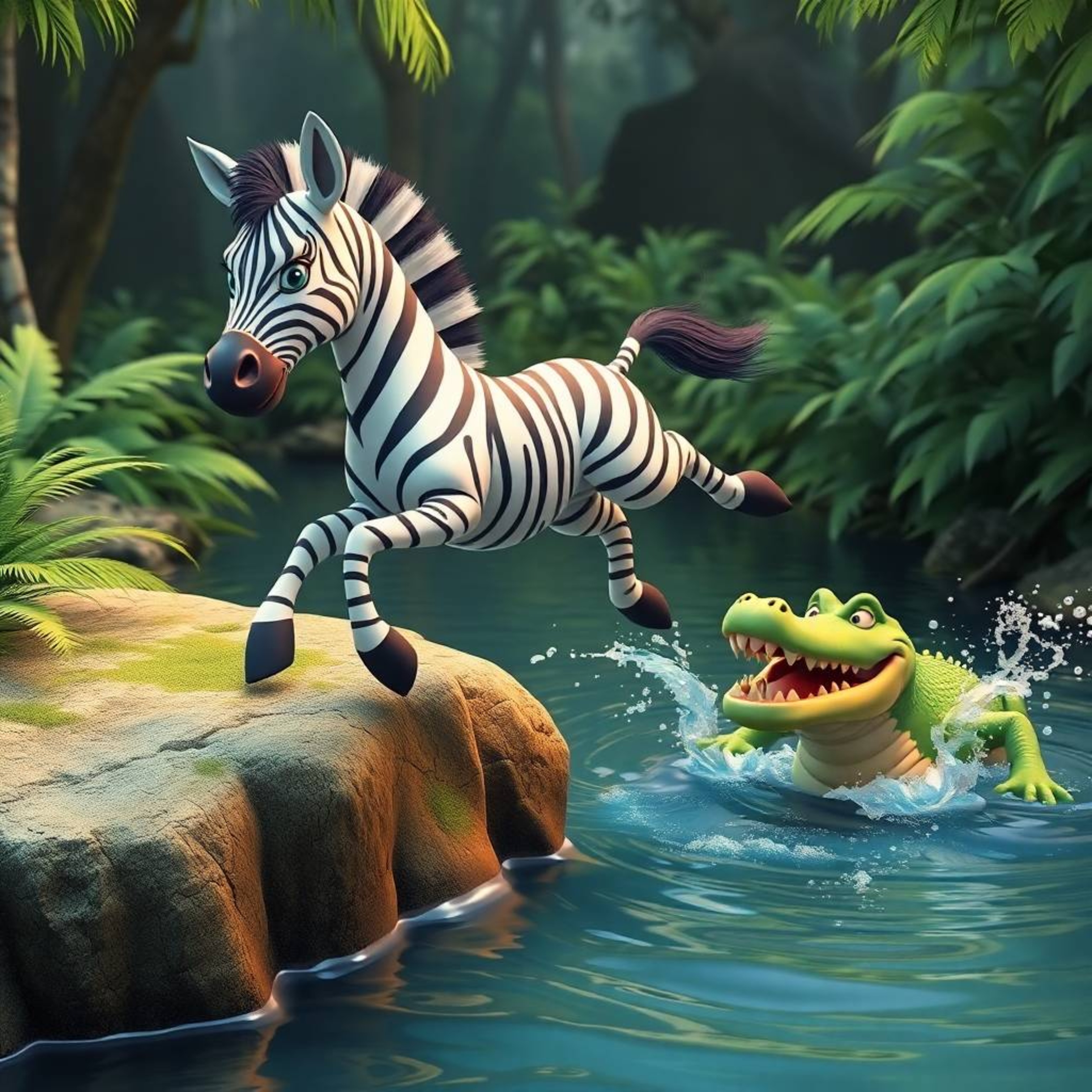 Experience a surreal and dreamlike scene featuring a graceful 3D cartoon zebra leaping from a lush jungle riverbank.  A misch