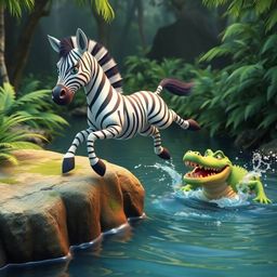 Experience a surreal and dreamlike scene featuring a graceful 3D cartoon zebra leaping from a lush jungle riverbank.  A misch