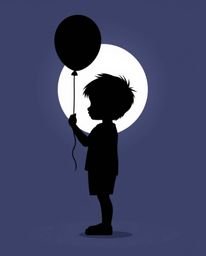 This image depicts a silhouetted child holding a balloon, rendered in a modern flat design style that utilizes simple, two-di