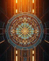 An overhead bird's-eye view photograph showcases a futuristic digital interface composed of intricate geometric patterns and 