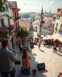 A vibrant musical scene unfolds in a lively town square, captured from a high vantage point. The use of soft pastel colors cr