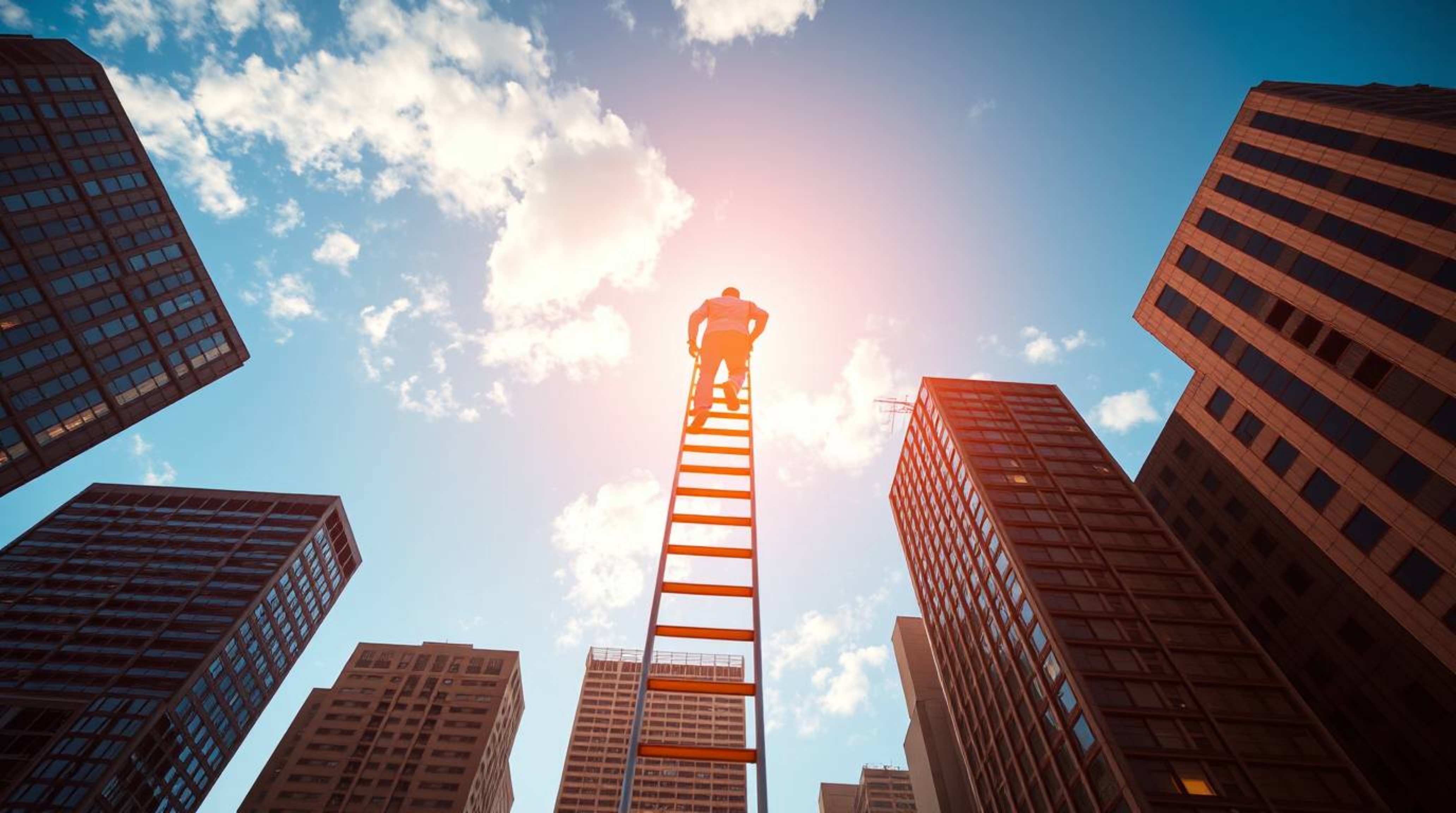 An abstract artwork depicting a businessperson ascending a transparent ladder into a vibrant blue sky above towering skyscrap