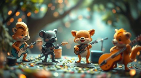 A captivating image of a cartoon animal rock band performing amidst a mystical, enchanting environment.  The focus is sharp o