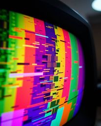 An extreme macro close-up reveals the intense detail of a TV screen glitch.  The retro RGB separation and dramatic lighting c