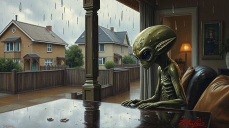 A captivating classic oil painting depicts an alien inhabiting a suburban house during a drizzling rain. The artwork showcase