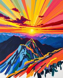 This is a lively and energetic painting of a sunset as viewed from a high alpine peak. The artwork is rendered in bright and 