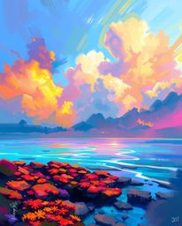 A dynamic digital sketch captures a colorful sky over a coral reef at low tide. Using loose, painterly strokes and vibrant co