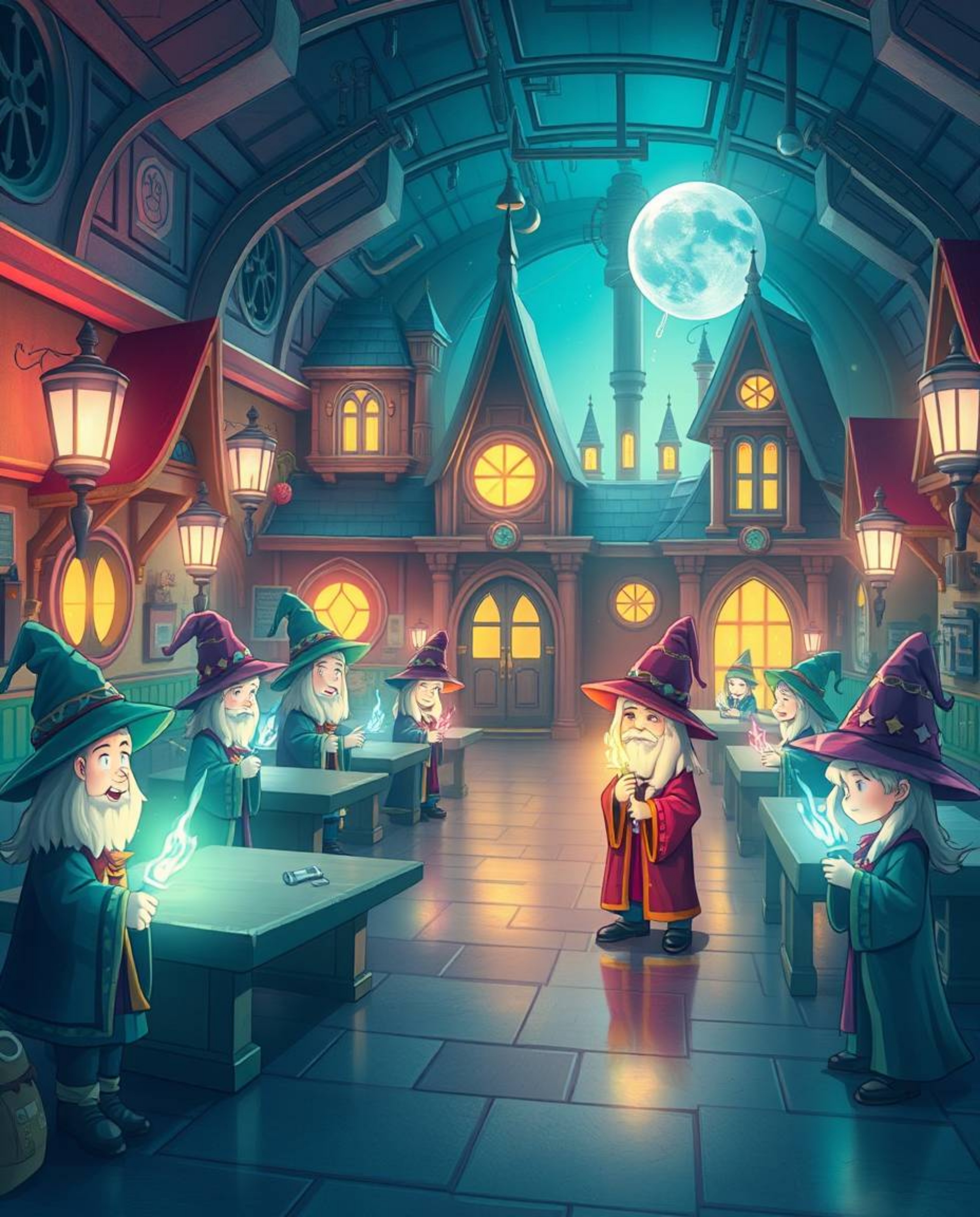 Explore an enchanting magical school brimming with charming young wizards, seamlessly blending futuristic sci-fi aesthetics. 