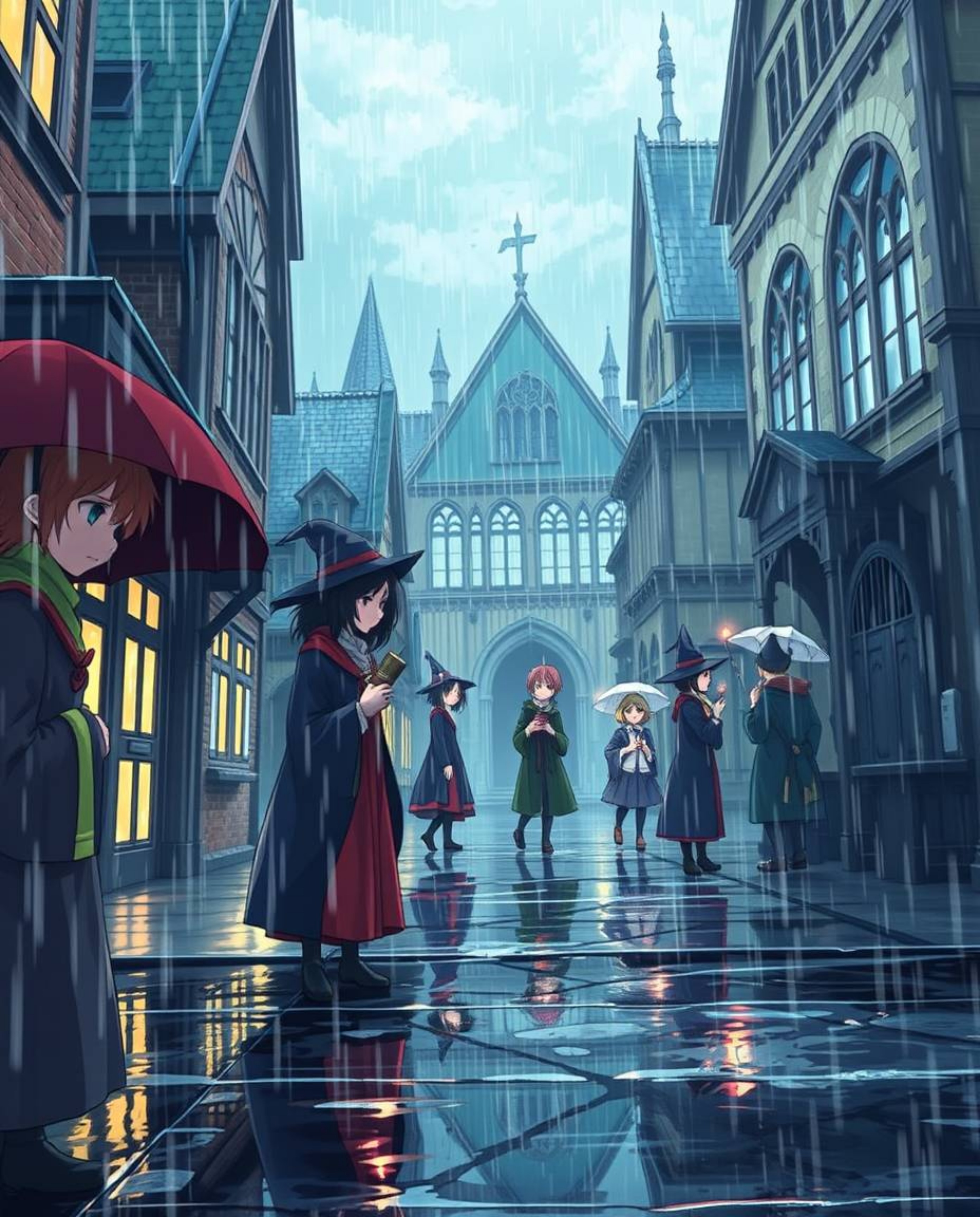 Immerse yourself in a captivating isekai anime depicting a magical school drenched in a wet, rainy scene.  Young wizards popu