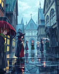 Immerse yourself in a captivating isekai anime depicting a magical school drenched in a wet, rainy scene.  Young wizards popu